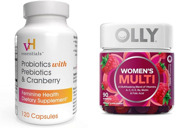 vH essentials Probiotics with Prebiotics and Cranberry Feminine Health Supplement - 120 Capsules and OLLY Women's Multivitamin Gummy, Berry, 90 Count Bundle