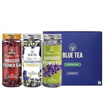 Blue Tea - Flower Tea Combo (Pack Of 3) || Hibiscus Flower, Butterfly Pea Flower, Lavender Flower || Flower-Based || Caffeine Free - Non-Bitter - Herbal Tea - Flower Based - Vegan - Non-Gmo | Pet Jar Packs- Gift Pack