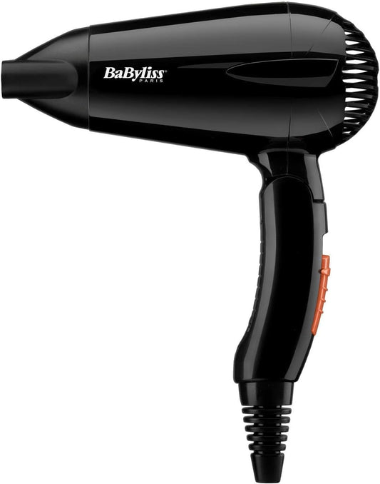 Babyliss Travel Folding Hair Dryer - Lightweight And Powerful 2000W Blow Dryer, Dual Voltage, Worldwide Use, 2 Heat/Speed Settings, Black/Orange, 5334U
