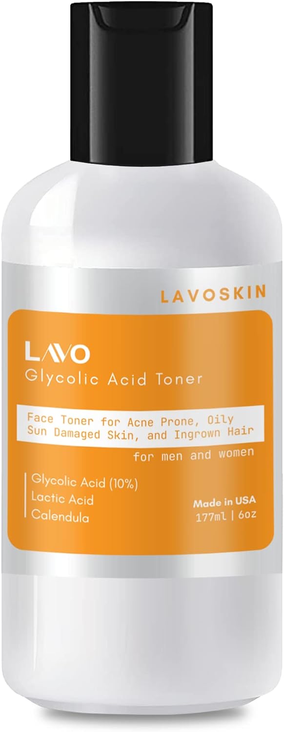 Glycolic Acid Toner 10% by LAVO - Facial Astringent for Oily, Problem, & Acne Prone Skin - Face Wrinkles and Fine Lines - Contains Lactic Acid & Vitamin C - Use with Pads - for Men and Women