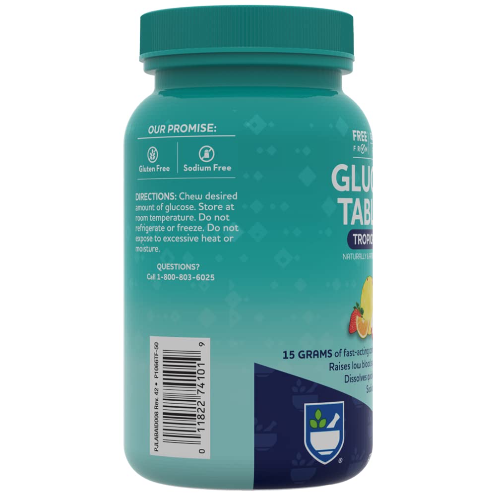 Rite Aid Glucose Tablets, Tropical Fruit Flavor - 50 Count - Low Blood Sugar Tablets - Fat Free - Gluten Free - Sodium Free - Caffeine Free - 4 Carbs per Serving : Health & Household