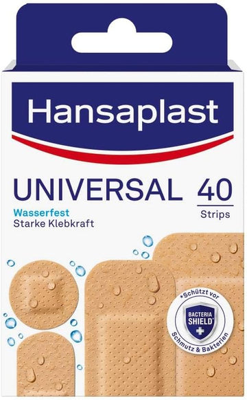 Hansaplast Universal Plasters (40 Strips), Dirt-Repellent And Water-Repellent Wound Plaster Set With Strong Adhesive Power & Bacteria Shield