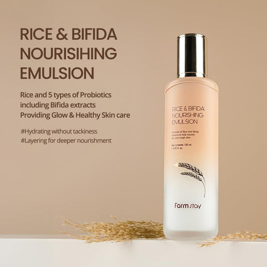 Farmstay Rice & Bifida Nourishing Emulsion, Dark Spots Correcting Remover With Niacinamide, Hydrating & Smoothing Rice Moisturizer For Glow Skin, For Women & Men, Korean Skin Care, 4.05 Fl. Oz
