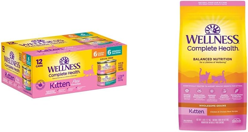 Wellness Complete Health Kitten Wet + Dry Food Bundle: Whitefish & Tuna Pate + Chicken Pate, 3 Oz Can (12 Count Variety Pack) + Dry Kitten Food with Wholesome Grains, Deboned Chicken, 5 lb Bag : Pet Supplies