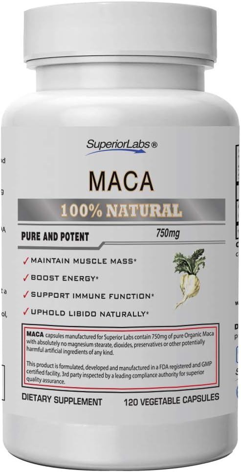 Superior Labs - Organic Peruvian Maca - 100% Pure NonGMO - Dietary Supplement for Calming and Relaxation - Zero Synthetic Additives, Stearates, Dioxides - 750mg, 120 Vegetable Capsules