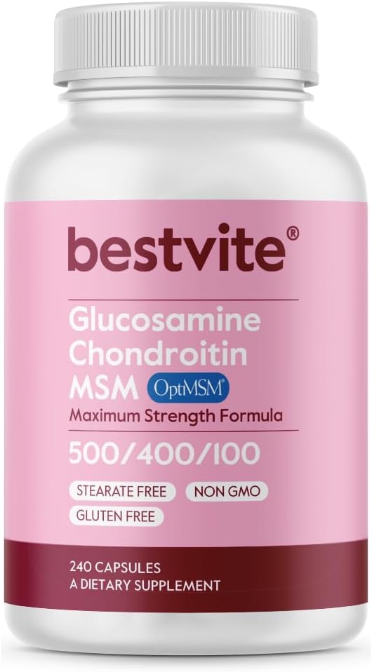 Bestvite Glucosamine Chondroitin Msm 500/400/100 Per Capsule (240 Capsules) With Patented Optimsm - Maximum Strength Formula For Joint Support - No Stearates - Gluten Free - Non Gmo