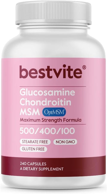 Bestvite Glucosamine Chondroitin Msm 500/400/100 Per Capsule (240 Capsules) With Patented Optimsm - Maximum Strength Formula For Joint Support - No Stearates - Gluten Free - Non Gmo