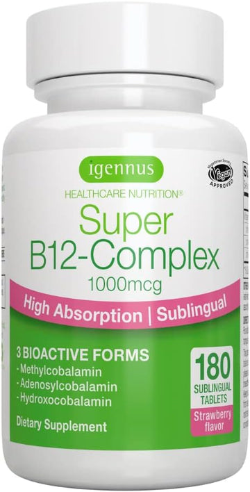 Super B12-Complex 1000Mcg, Methylated Vitamin B12 Sublingual, Clean Label, Methylcobalamin, Adenosylcobalamin & Hydroxocobalamin, 180 Servings, High Absorption Sugar-Free Melts, Vegan, By Igennus