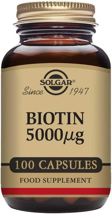 Solgar Biotin 5000 Mcg, 100 Veg Caps - Promote Healthy Skin, Nails & Hair - Supports Energy Production, Protein, Carbohydrate & Fat Metabolism - Vitamin B - Non Gmo, Vegan, Gluten Free - 100 Servings