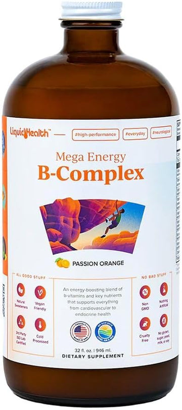 Liquidhealth Mega Energy Methylated B-Complex, Adult Liquid Vitamin Supplement - Increase Energy, Relieve Stress & Fatigue, Immune System Support, Heart & Gut Health - Vegan, Sugar-Free (32 Oz)