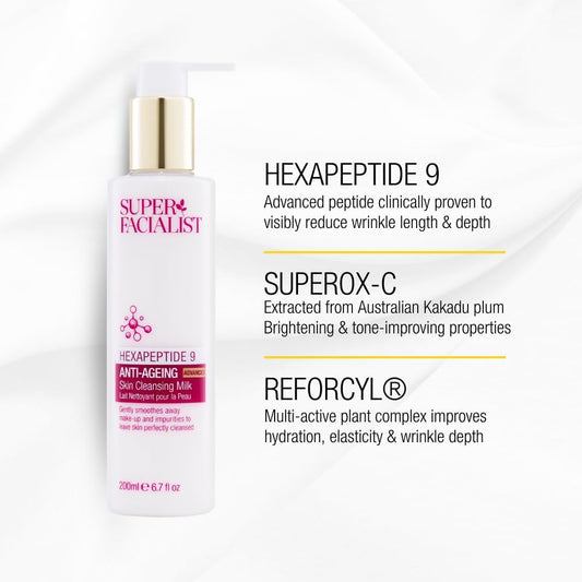 Super Facialist Hexapeptide 9 Anti-Ageing Advanced Skin Cleansing Milk - Gentle Cleanser With Almond Oil To Remove Impurities, Effective Make Up Remover, Vegan 200 Ml