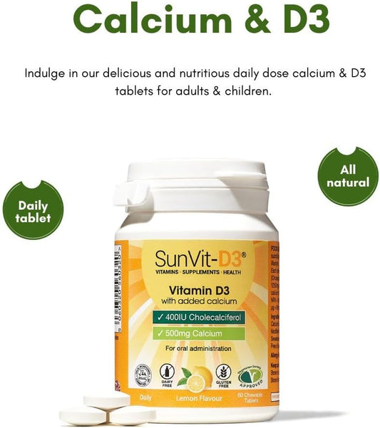 Sunvit-D3 Vitamin D3 400Iu With Added 500Mg Calcium Lemon Tablets - Calcium And Vitamin D Tablets Support The Maintenance Of Bone, Teeth, Muscle & Immune System - 60 Lemon Chewable Calcium Tablets