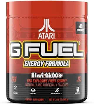 G Fuel Atari 2600+™ Energy Powder, Sugar Free, Clean Caffeine Focus Supplement, Water Mix, Red Explosive Fruit Gummy Flavor, Focus Amino, Vitamin + Antioxidants Blend, 9.9 Oz (40 Servings)