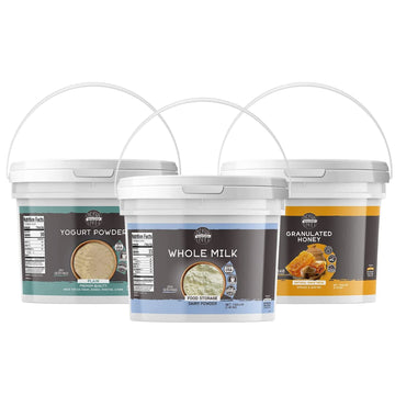 Birch & Meadow Powder Storage Staples Bundle, Whole Milk Powder, Granulated Honey, Yogurt Powder, 1 Gallon Buckets, Pantry Staples