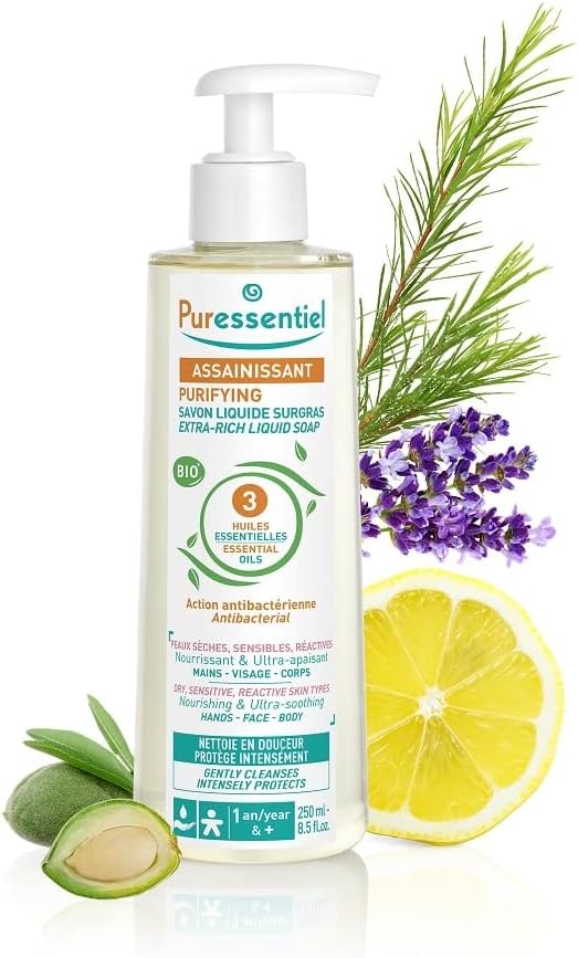 Puressentiel Purifying Extra-Rich Liquid Soap 250Ml - Antibacterial - Face, Hands & Body - Suitable For Dry, Sensitive Skin - Cleanses & Protects - Vegan - 3 Organic Essential Oils