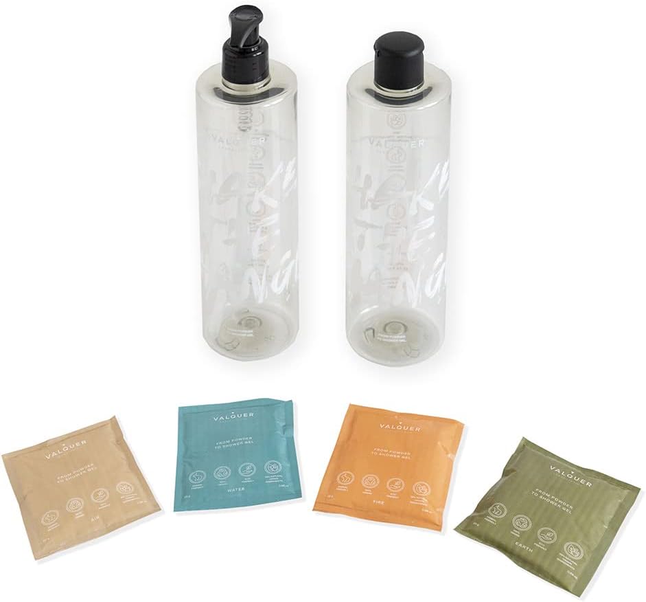 Valquer Shake - Pack 4 Sustainable Bath Gels. Refill Body Gel. One Bottle = Infinity Of Gels. Zero Waste. 25 Grams = 400 Ml Gel - 4 Air Sachets Of 25 Gr