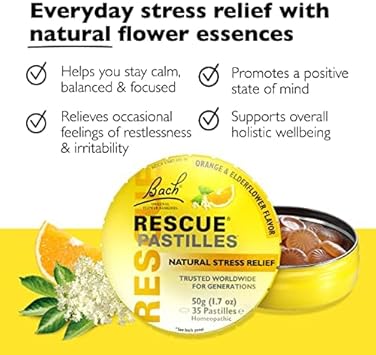 Rescue Bach Pastilles, Orange And Elderflower Flavor, Natural Stress Relief Lozenges, Homeopathic Flower Essence, Vegetarian, Gluten And Sugar-Free, 6-Pack