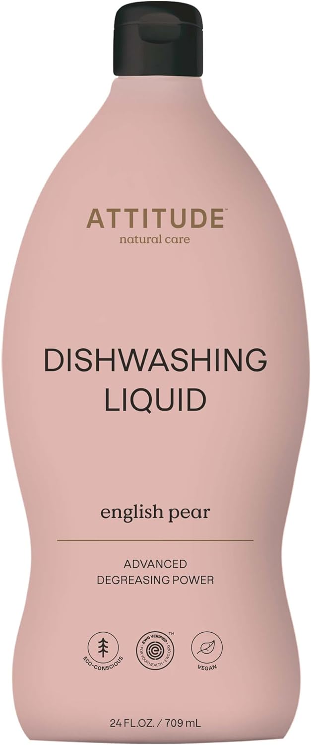 Attitude Dishwashing Liquid, Ewg Verified, Vegan Dish Soap, Plant Based, Naturally Derived Products, English Pear, 24 Fl Oz