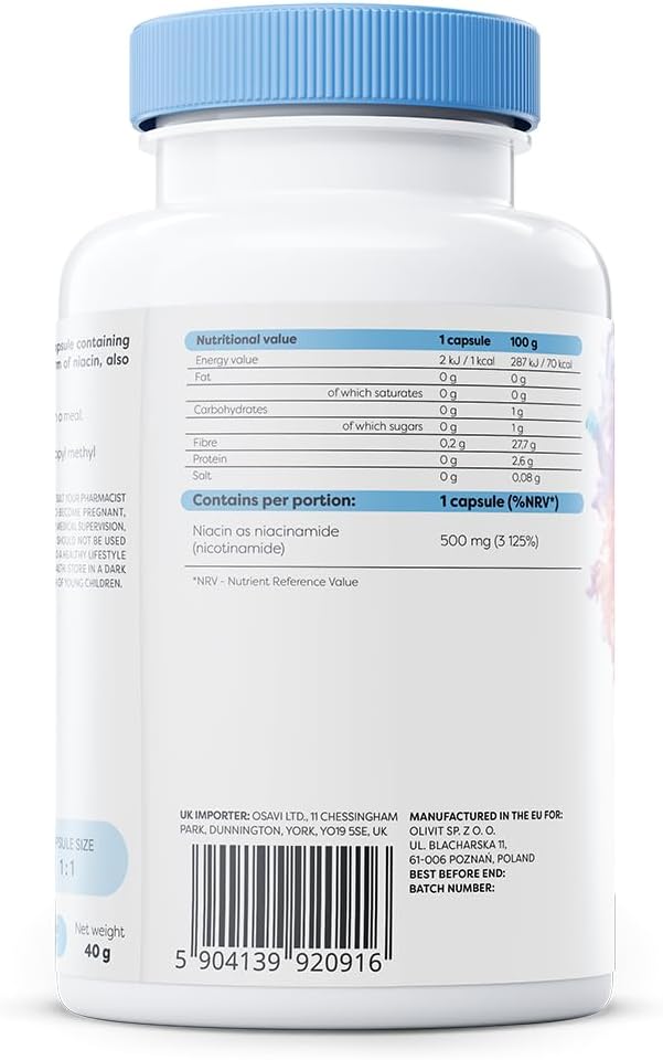 Osavi Niacinamide 500 mg – 60 Vegan Capsules | Supports Nervous System & Psychological Function | Reduces Fatigue, Maintains Healthy Skin & Mucous Membranes | Contributes to Normal Energy Metabolism : Amazon.co.uk: Health & Personal Care