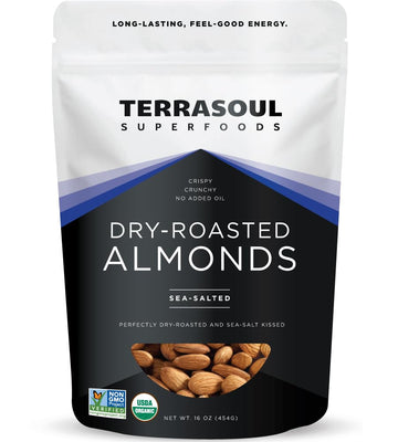 Terrasoul Superfoods Organic Dry-Roasted & Lightly Salted Almonds, 16Oz Resealable Pouch - Perfect For Snacking, Baking, And On-The-Go Fuel