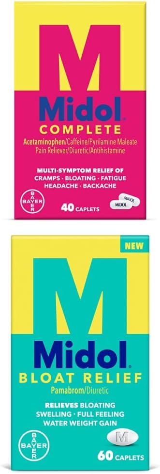 Midol Complete Caplets, with Acetaminophen for Menstrual Symptom Relief, 40 Count Bloat Relief, with Pamabrom, Caffeine Free Caplets, 60 Count : Health & Household