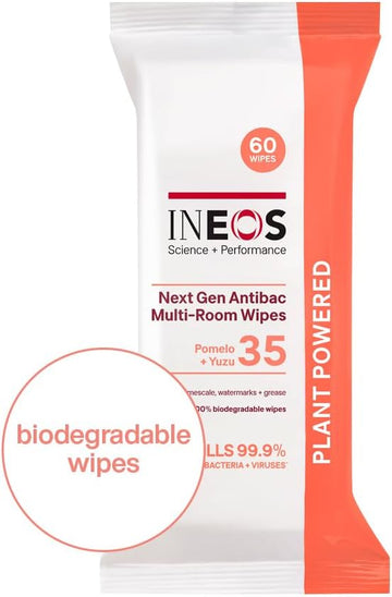 Ineos Next-Gen Antibac Multi-Room Disinfectant Biodegradable 60 Wipes, Rhubarb + Pomegranate, Kills 99.9% Of Bacteria + Viruses, Plant Powered, Packaging May Vary