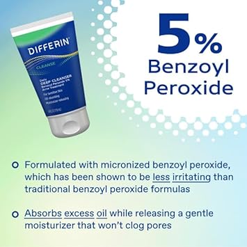 Differin Acne Face Wash with 5% Benzoyl Peroxide, Daily Deep Cleanser by the makers of Differin Gel, Gentle Skin Care for Acne Prone Sensitive Skin, 4 oz (Packaging May Vary)