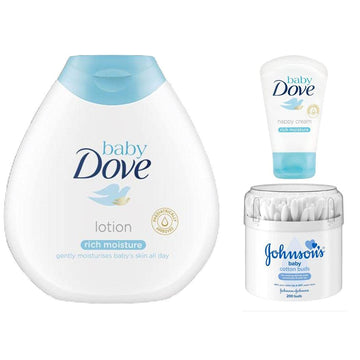 YDF, Baby Bath Set - Dove Baby Rich Moisture Body Lotion 200ml + Nappy Cream + Johnson’s Baby buds 200 Pack