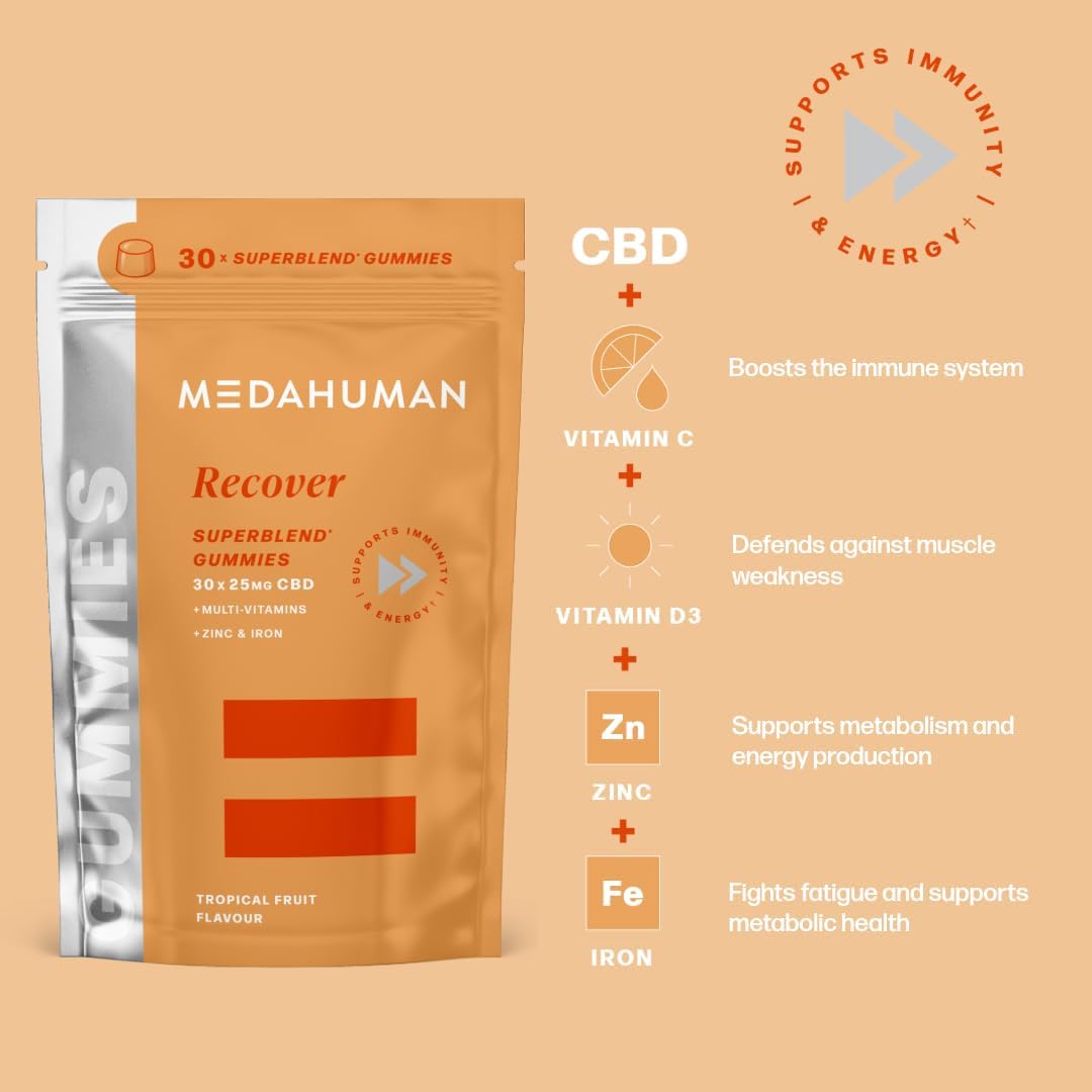 MEDAHUMAN® Recover | 750mg CBD Gummies for Stress & Anxiety Relief (30 Servings) | High Strength & NO THC Gummy with Vitamin A, D3, and Zinc to Help Bolster Your Immune System | Orange Flavour : Amazon.co.uk: Grocery