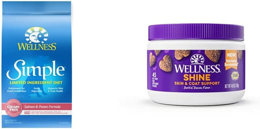 Wellness Food + Supplements Bundle: Simple Limited Ingredient Natural Dry Dog Food, Salmon and Potato Recipe, 24-Pound Bag Skin & Coat Soft Chew Supplements for Dogs, 45 Count : Pet Supplies