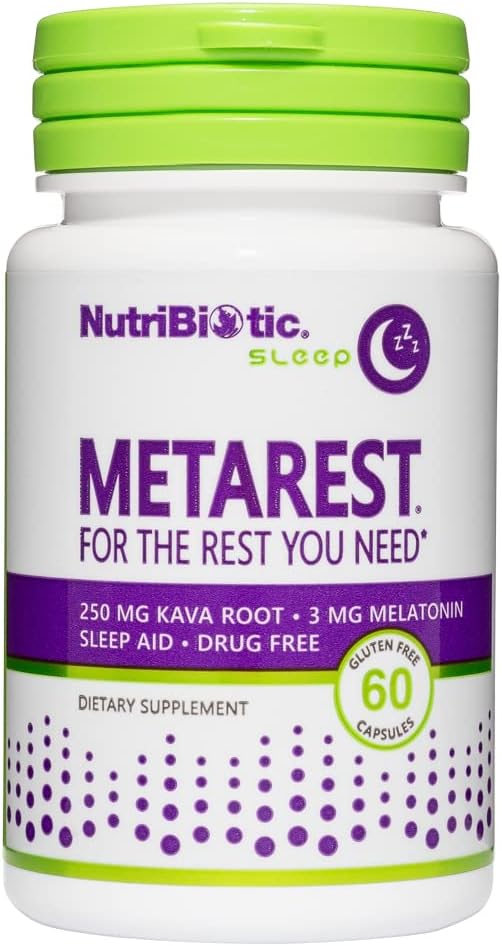 NutriBiotic ? MetaRest, 60 Capsules | 3 Mg Melatonin & 250 Mg Kava Root to Support Restful Sleep | Highly Absorbable Drug-Free Sleep Support | Gluten-Free & Made Without GMOs or Preservatives