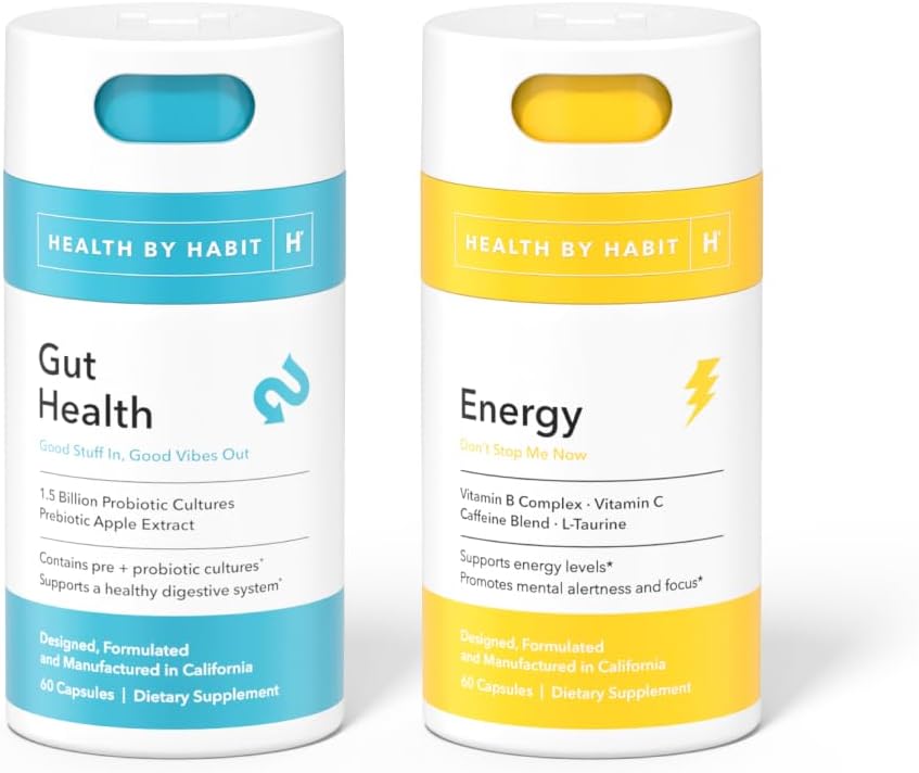 Health By Habit Gut Feeling Kit - Energy Supplement (60 Capsules) & Gut Health Supplement (60 Capsules), Non GMO, Sugar Free