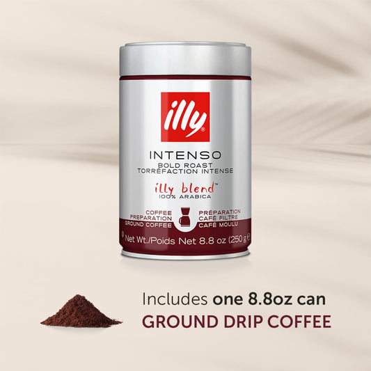 illy Drip Coffee - Ground Coffee - 100% Arabica Ground Coffee – Intenso Dark Roast - Warm Notes of Cocoa & Dried Fruit - No Preservatives – Full-Bodied – 8.8 Ounce