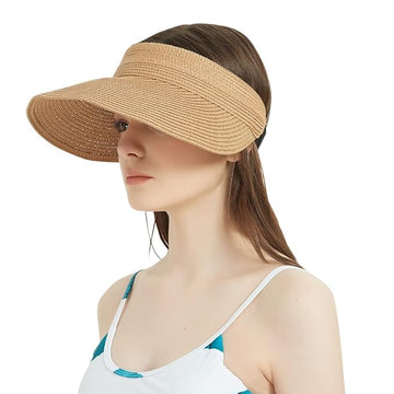 INFINIBYTE Women's Wide Brim Straw Sun – Foldable UV Protection Beach Visor Hat, Packable Summer Travel Hat with UPF 50+(Packof2) Khaki