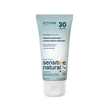 ATTITUDE Mineral Sunscreen for Baby and Kids with Sensitive Skin, EWG Verified, Broad Spectrum UVA/UVB, Dermatologically Tested, Plant and Mineral-Based Formula, Vegan, SPF 30, Unscented, 2.6 Oz