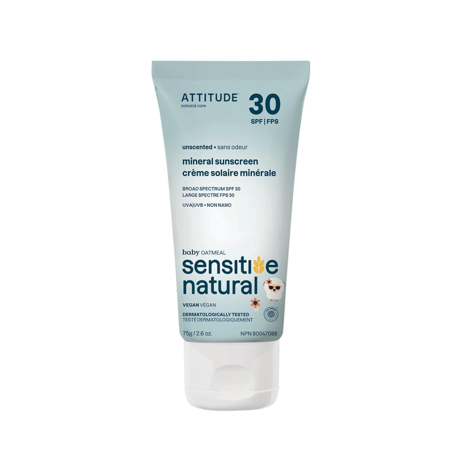 Attitude Mineral Sunscreen For Baby And Kids With Sensitive Skin, Ewg Verified, Broad Spectrum Uva/Uvb, Dermatologically Tested, Plant And Mineral-Based Formula, Vegan, Spf 30, Unscented, 2.6 Oz