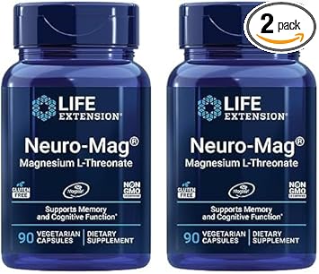 Life Extension Neuro-Mag Magnesium L-Threonate, Magnesium L-Threonate, Brain Health, Memory & Attention, Gluten Free, Vegetarian, Non-Gmo, 90 Vegetarian Capsules (Pack Of 2)