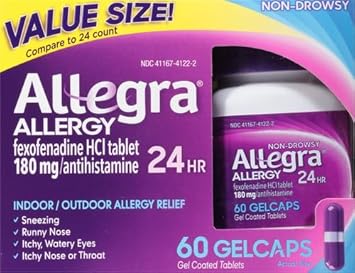 Allegra Adult 24Hr Non-Drowsy Antihistamine Gelcaps, 60-Count, Fast-Acting Allergy Symptom Relief, 180 Mg