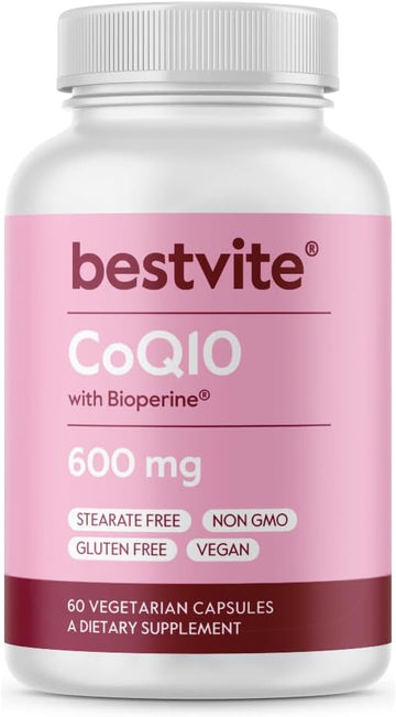 BESTVITE Coenzyme CoQ10 600mg per Capsule with Bioperine (60 Vegetarian Capsules) Naturally Fermented - No Titanium Dioxide - No Fillers - No Stearates - Vegan - Gluten Free - Non GMO