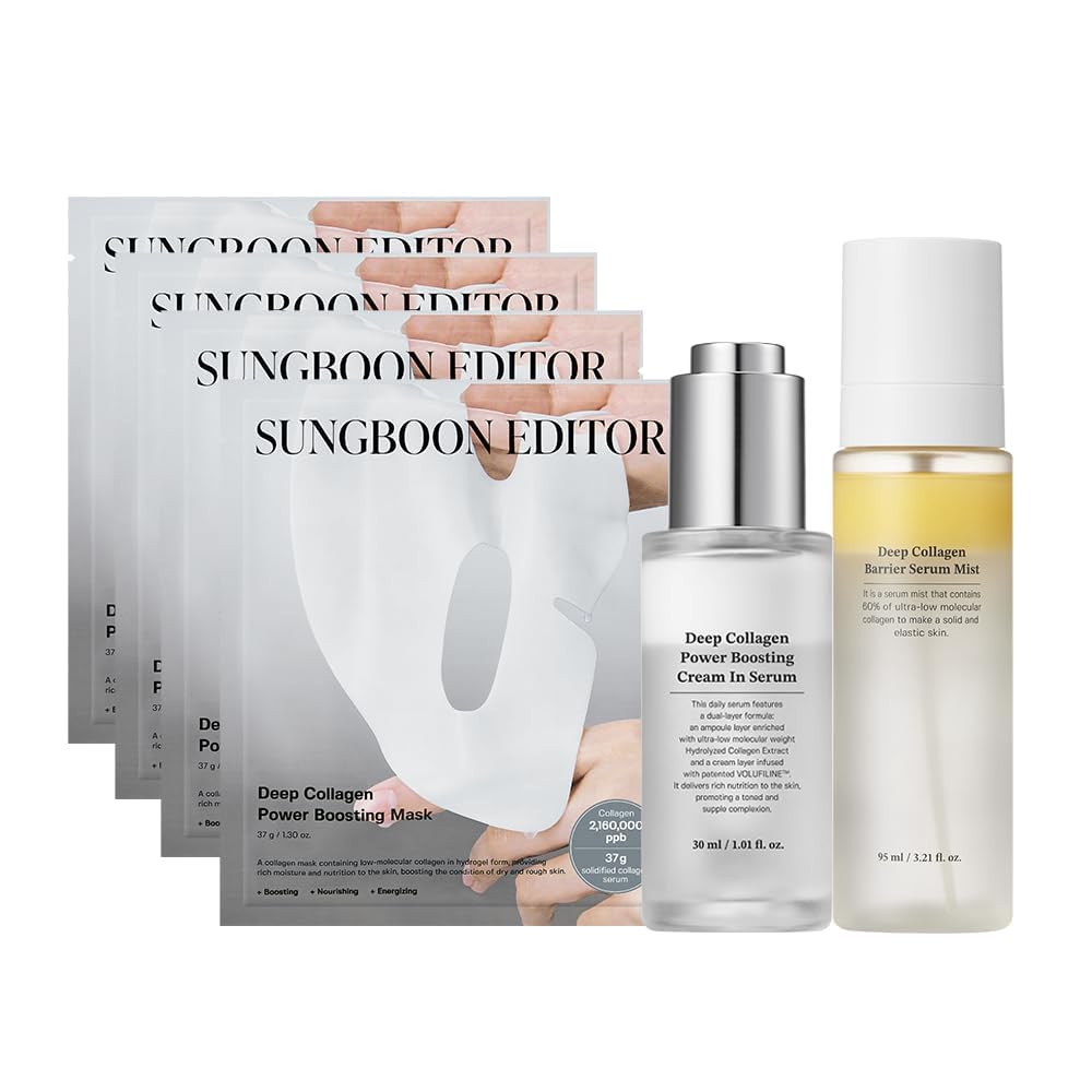Sungboon Editor Collagen Boosting Trio: Deep Collagen Mask (4Ea) & Serum Mist & Cream In Serum, Best Korean Glass Skin Care Set, Gifts For Mom, Christmas Gifts For Women