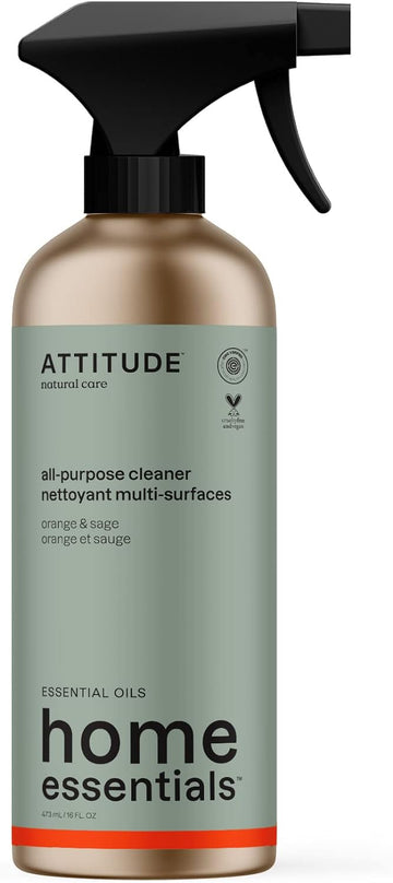 ATTITUDE Multi-Purpose Cleaner with Essential Oils, EWG Verified, Plant and Mineral-Based Ingredients, Vegan Household Products, Refillable Aluminum Bottle, Orange and Sage, 16 Fl Oz