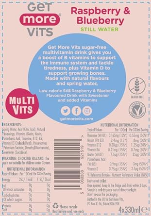 Get More Vits - Kids Multi Vits Raspberry & Blueberry Still Flavoured Spring Water (330Ml X12), Natural , Sugar-Free, Low-Calorie, Stronger Immune System, Healthy Bones, Teeth & Muscles, Vegetarian