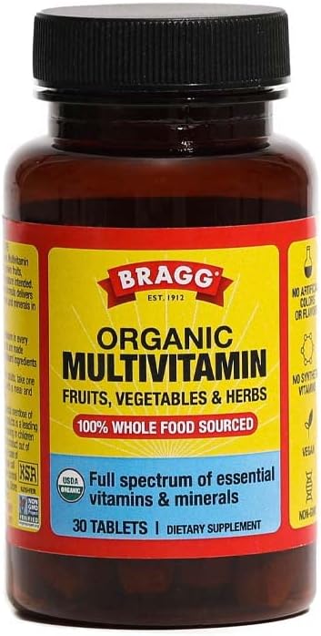 Bragg Daily Multivitamin for Women & Men - Organic Whole Food Supplement with Vitamin A, Vitamin C, Vitamin D3, Vitamin E, Vitamin K, Biotin, and More - 30 Tablets