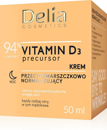 Delia Cosmetics – Vitamin D3 Precursor - Anti-Wrinkle Normalising Night Cream – All Skin Types – Acne Skin – Hydrating – Regenerating – Retinol – Niacinamide – Tumeric – Omega Plus – 50Ml