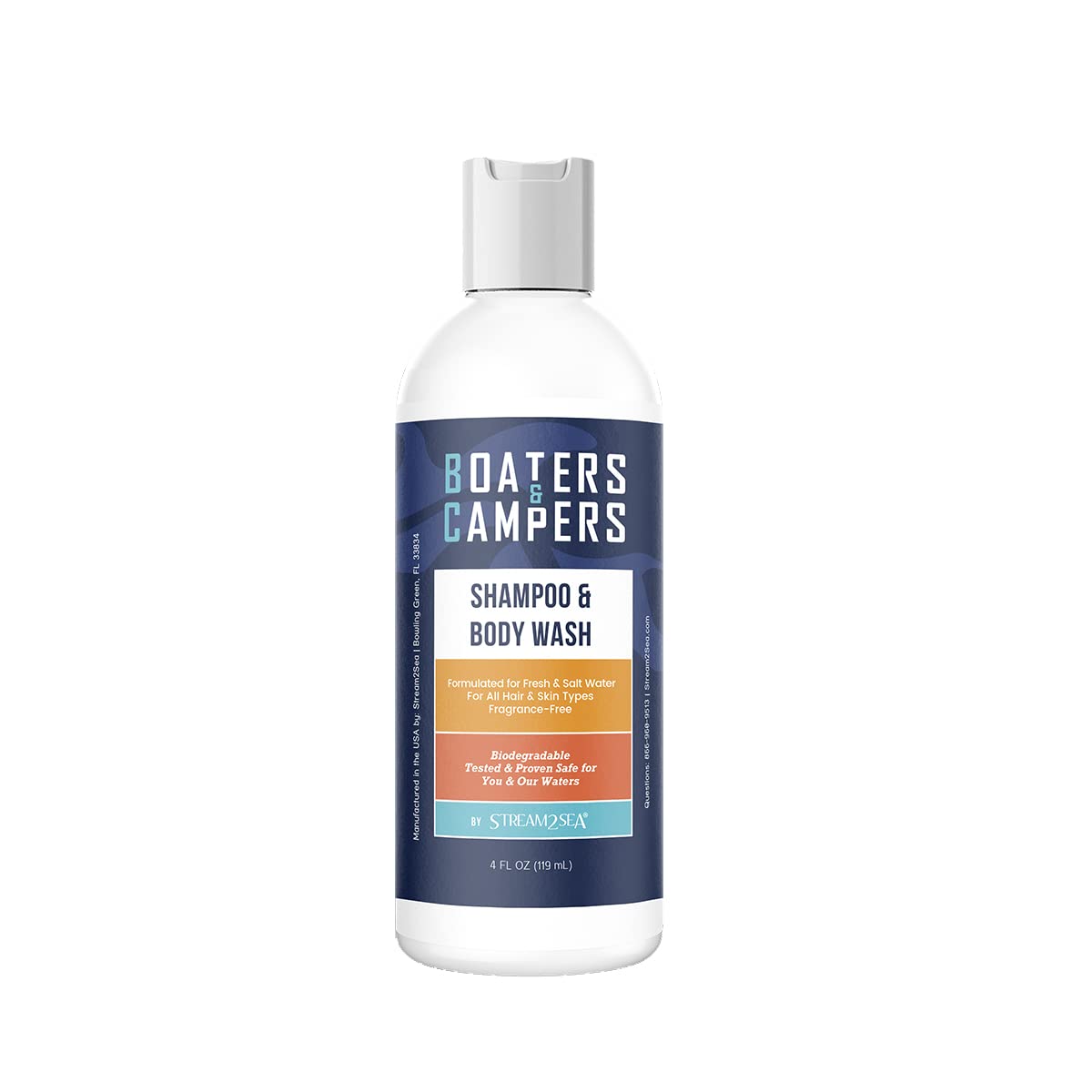 Boaters and Campers Hair Shampoo | 4 oz Reef Safe Fragrance Free All Natural Shampoo For Camping and Boating | Anti Frizz and Color Safe Shampoo | Paraben Free Hydrating Shampoo By Stream2Sea