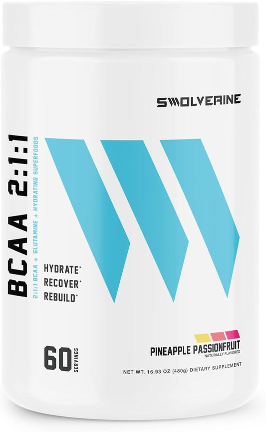 Swolverine Bcaa 2:1:1 | Electrolyte Recovery Drink, Branched Chain Amino Acids With L-Glutamine, Hydrating Formula, (60 Servings) (Pineapple Passionfruit)