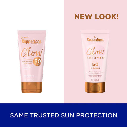 Coppertone Glow with Shimmer Sunscreen Lotion SPF 50, Water Resistant Sunscreen, Broad Spectrum SPF 50 Sunscreen Travel Size, 2 Fl Oz Bottle