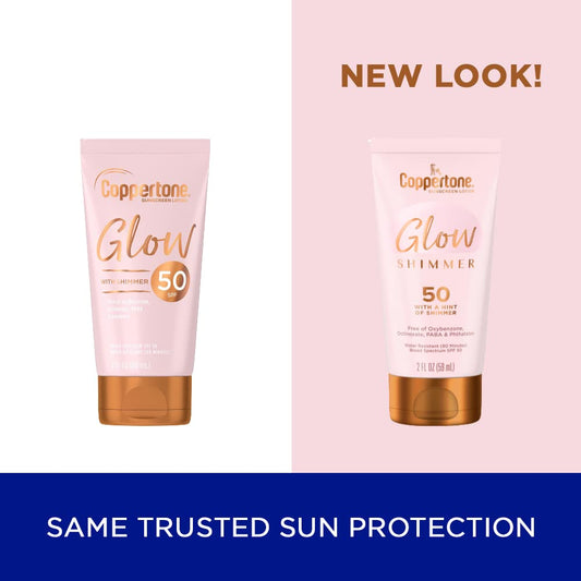 Coppertone Glow With Shimmer Sunscreen Lotion Spf 50, Water Resistant Sunscreen, Broad Spectrum Spf 50 Sunscreen Travel Size, 2 Fl Oz Bottle