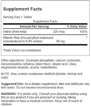 Swanson Premium Brand Kelp - Natural Iodine Source Supporting Thyroid Health - Mineral Supplement w/Iodine Source Standardized 0.4% - (250 Tablets, 225mcg Each)