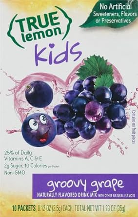 True Lemon Kids Groovy Grape (10 Packets) For Hydration - No Preservatives, No Artificial Flavors, No Artificial Sweeteners - Low Sugar Water Flavoring - Powdered Drink Mix For Kids